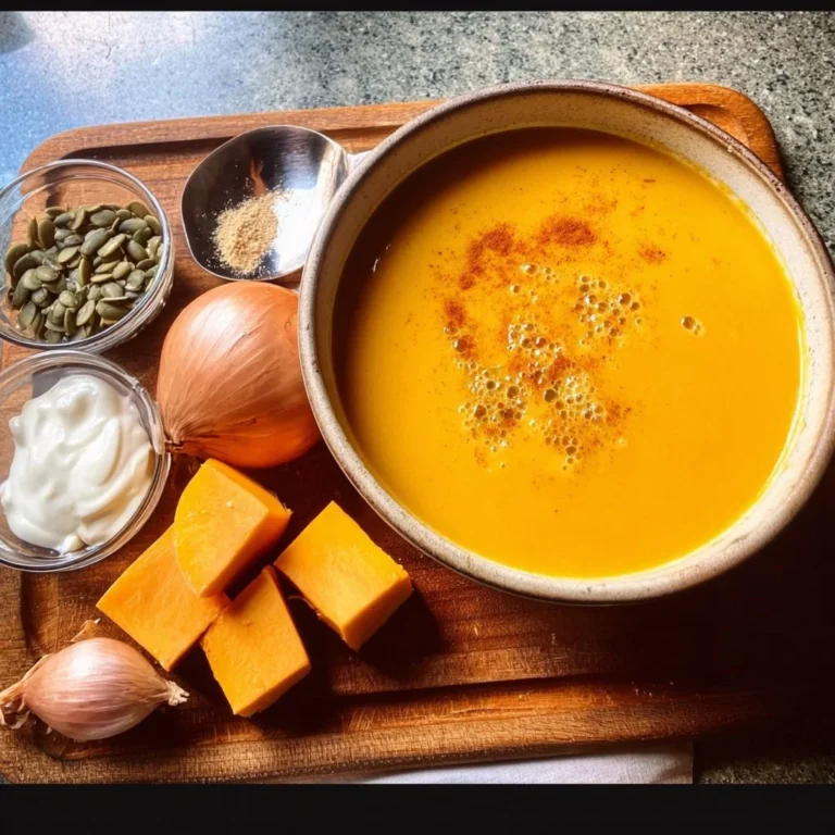Creamy butternut squash soup bowl topped with protein-rich ingredients