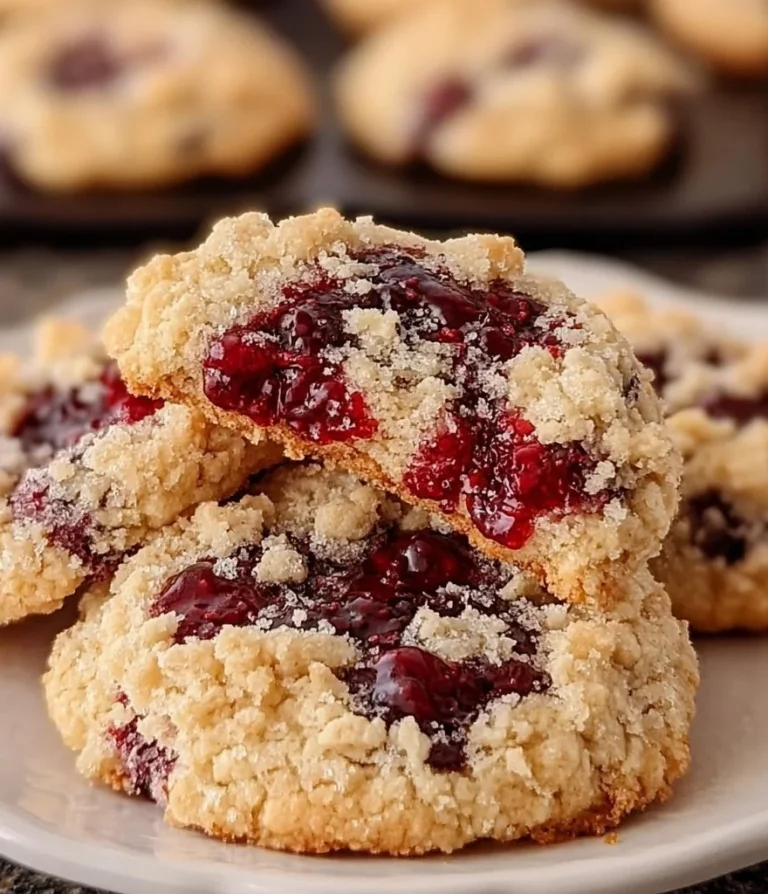 Buttery raspberry crumble cookies with a crumbly topping and raspberry filling.