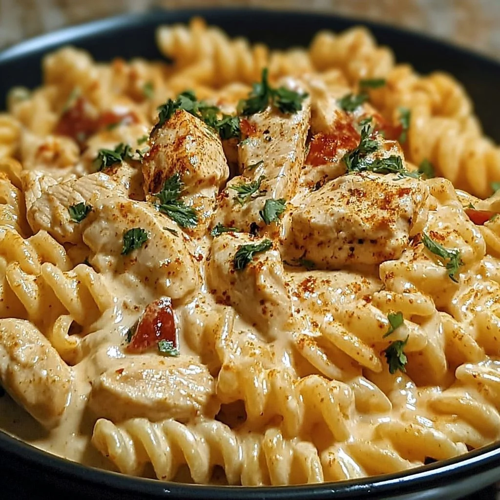Cajun Cream Cheese Chicken Pasta Bake dish served on a plate