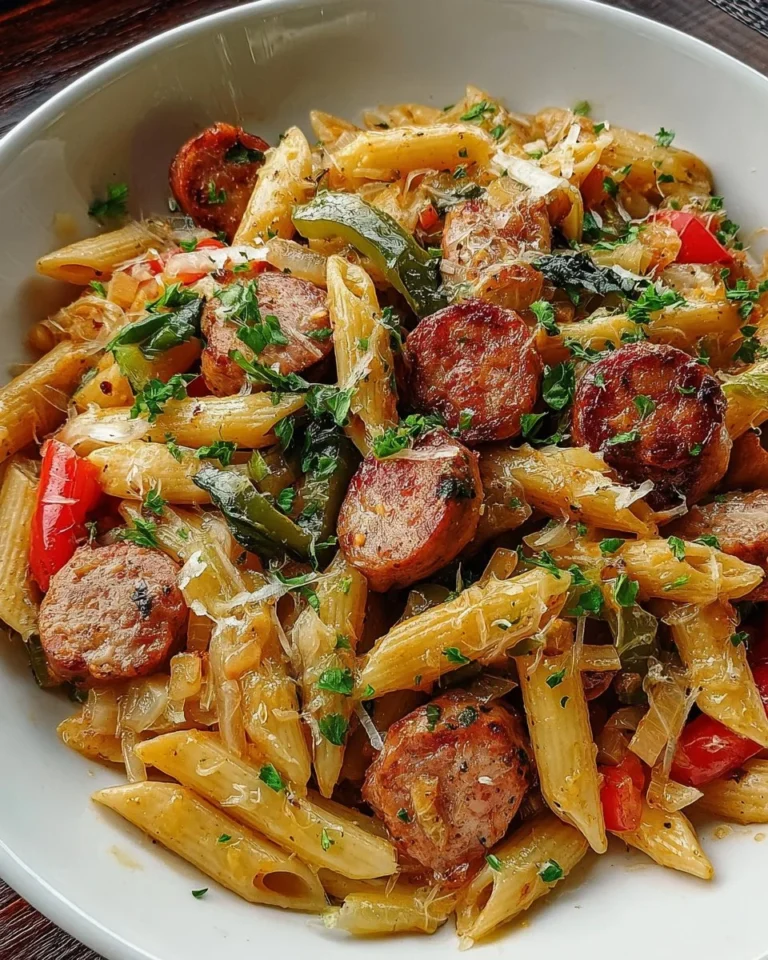 Delicious Cajun Sausage Pasta served in a creamy sauce with peppers and spices.