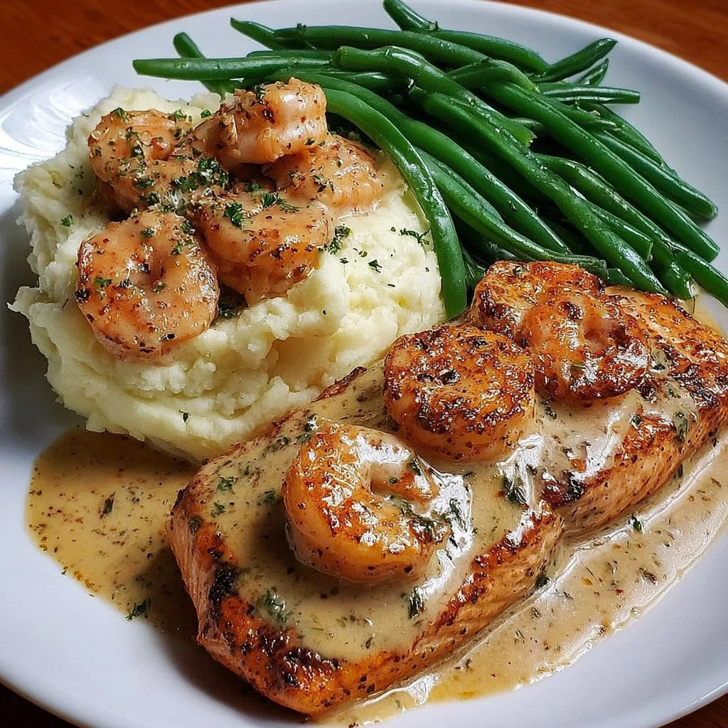 Cajun Shrimp and Salmon with Garlic Cream Sauce served with mashed potatoes and green beans
