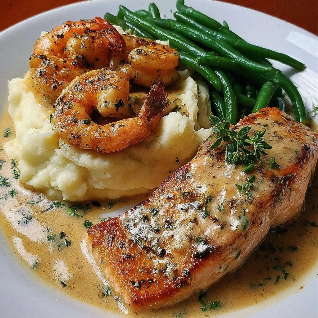 Cajun shrimp and salmon with garlic cream sauce, mashed potatoes, and green beans.