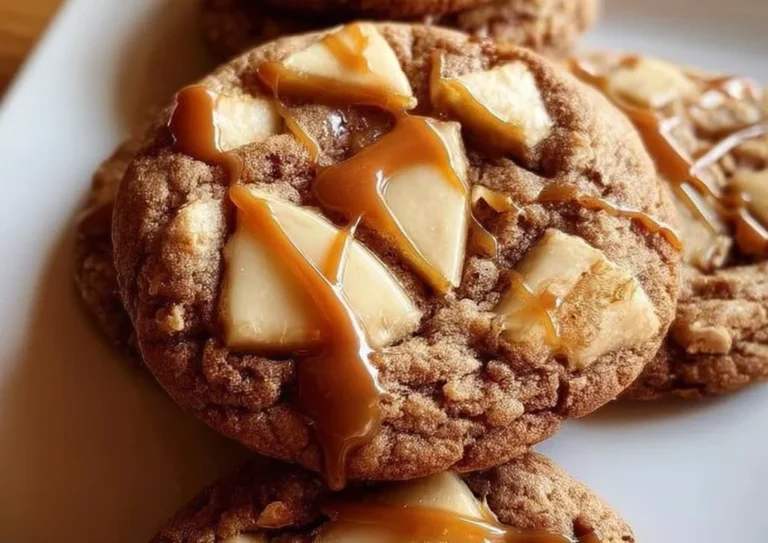 Delicious Caramel Apple Cookies with caramel drizzles and apple chunks