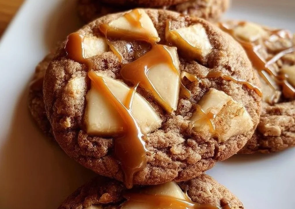 Delicious Caramel Apple Cookies with caramel drizzles and apple chunks