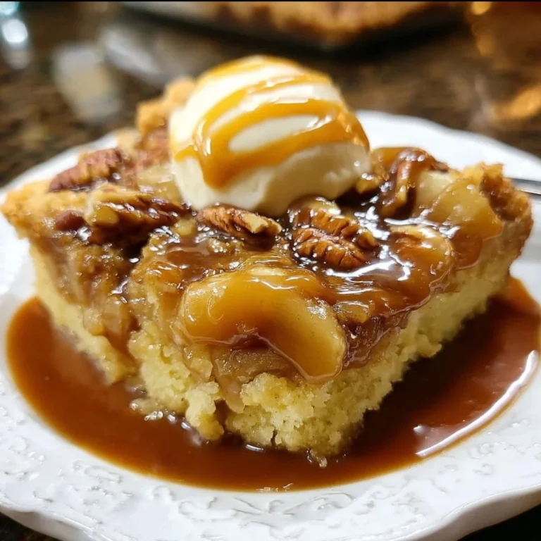 Delicious Caramel Apple Dump Cake with caramel drizzles and apple slices