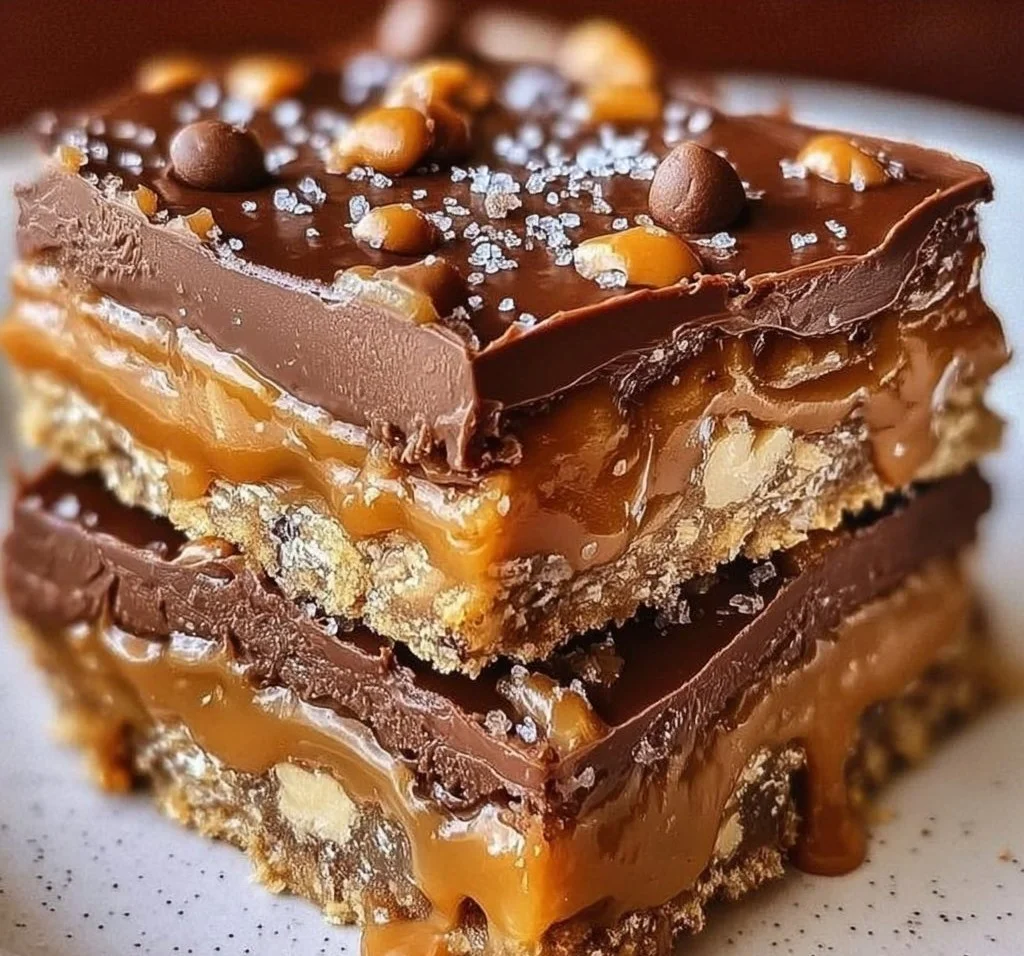 Delicious Caramel Chocolate Crunch Bars with a rich chocolate and caramel topping.