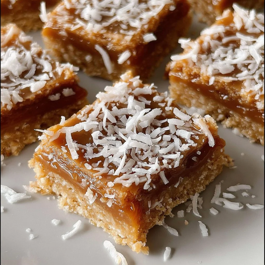 Delicious homemade Caramel Coconut Bars with a chewy caramel and coconut topping.