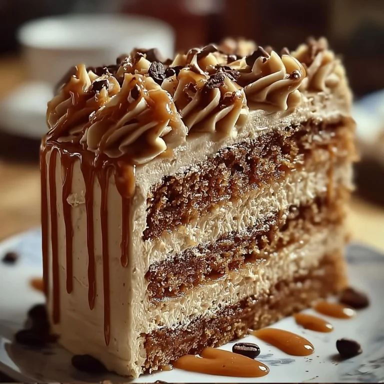 Delicious Caramel Coffee Buttercream Cake topped with rich caramel drizzle.