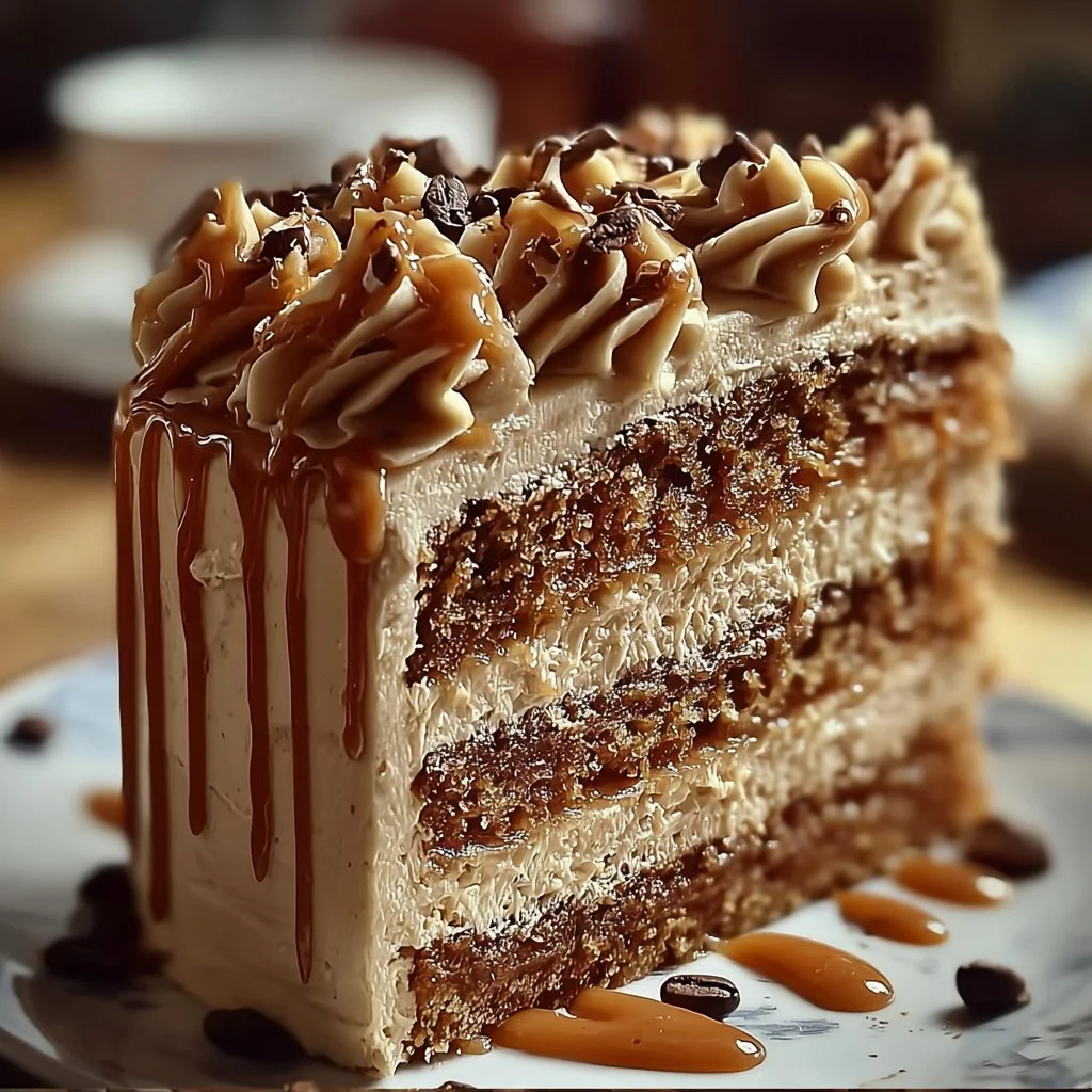 Delicious Caramel Coffee Buttercream Cake topped with rich caramel drizzle.