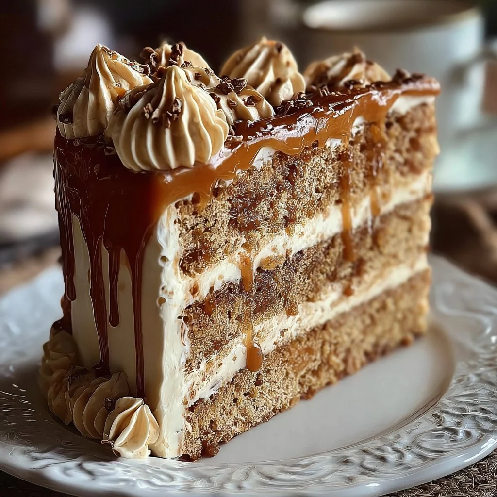 Decadent Caramel Coffee Buttercream Cake topped with creamy buttercream frosting