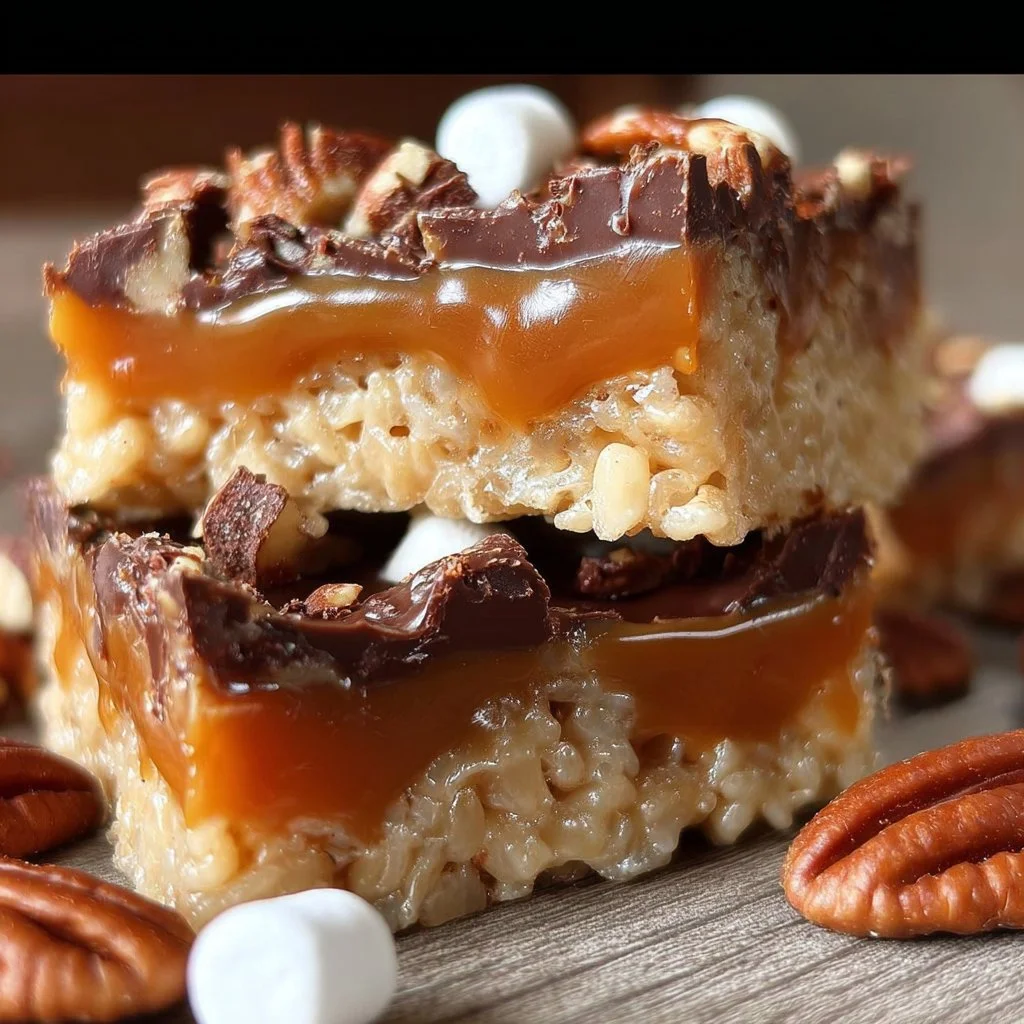 Delicious Caramel Turtle Rice Krispie Treats with chocolate and caramel topping
