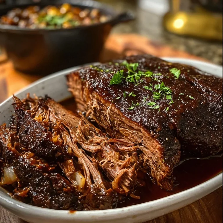 Delicious caramelized pulled beef brisket served with sides