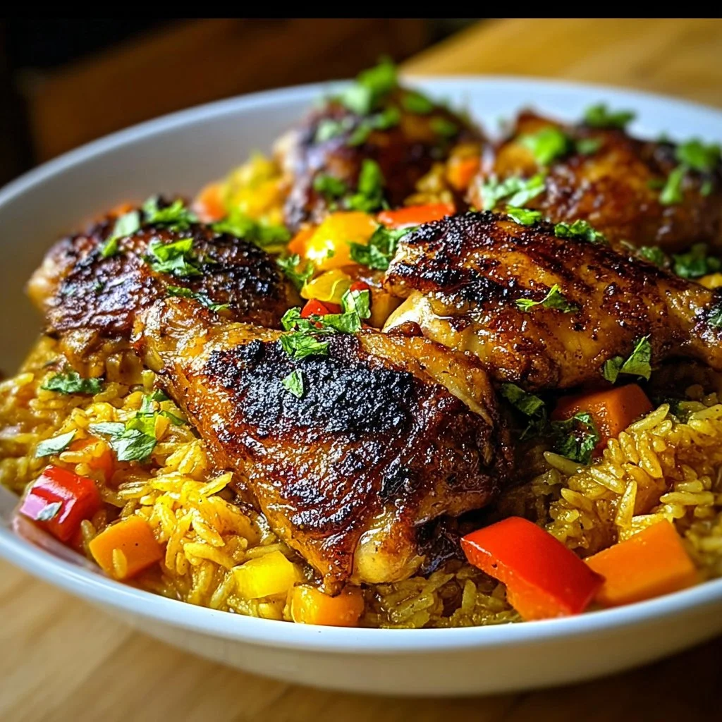 Delicious Caribbean Chicken served with rice and vegetables