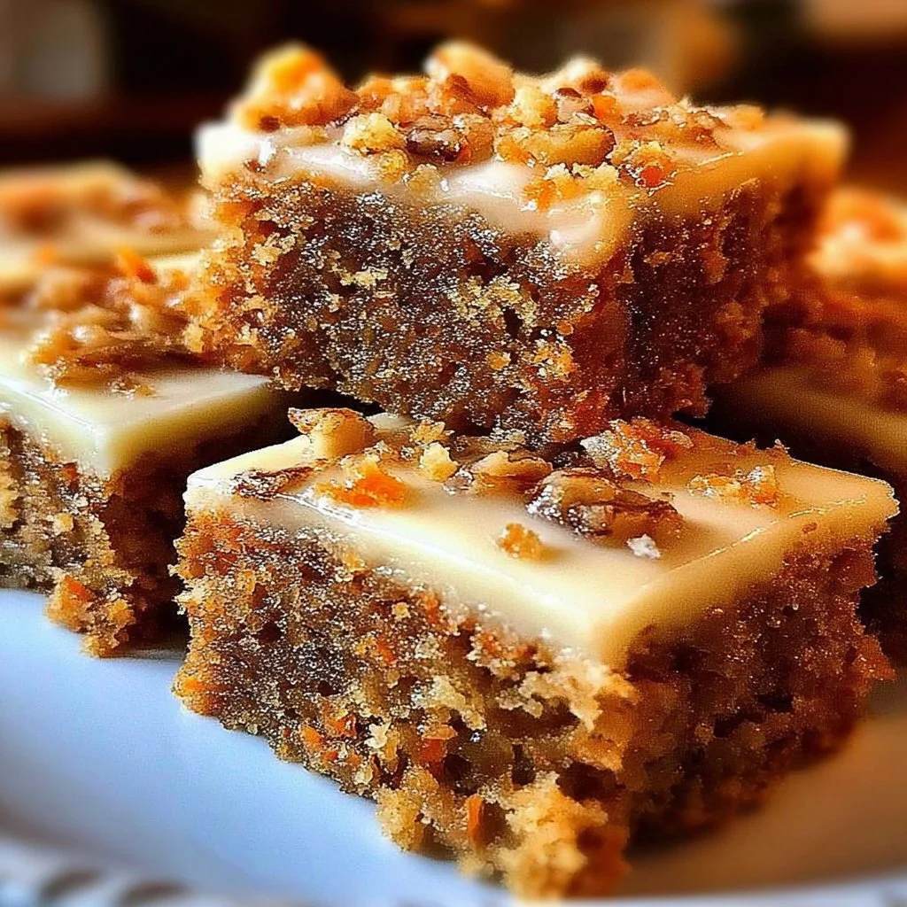 Delicious homemade carrot cake bars with cream cheese frosting and walnuts.