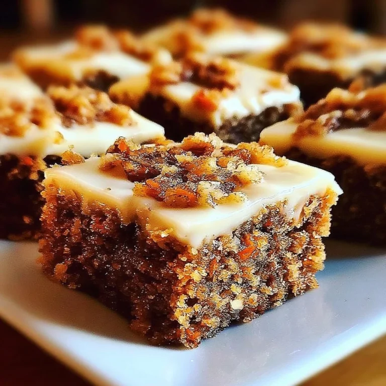 Delicious carrot cake bars topped with cream cheese frosting and walnuts.