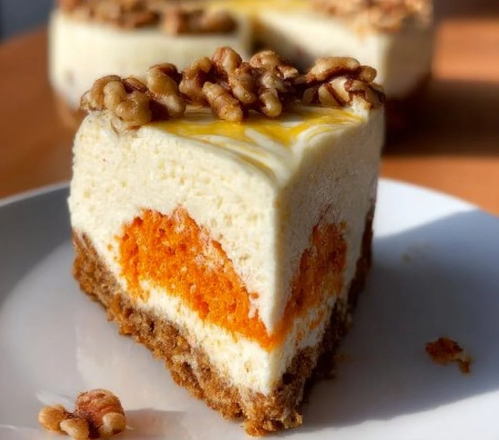 Delicious carrot cake cheesecake with cream cheese frosting and fresh carrots
