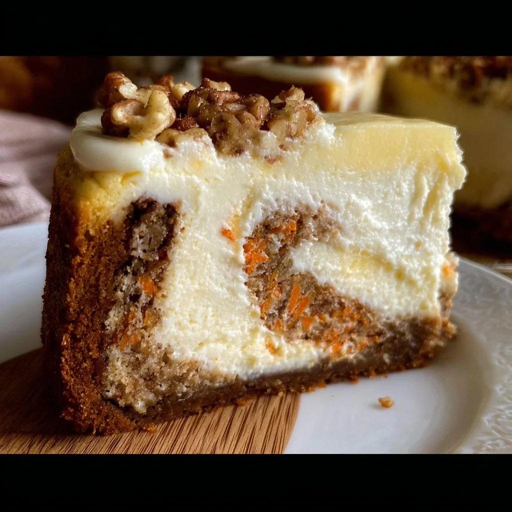 Deliciously layered carrot cake cheesecake topped with cream cheese frosting