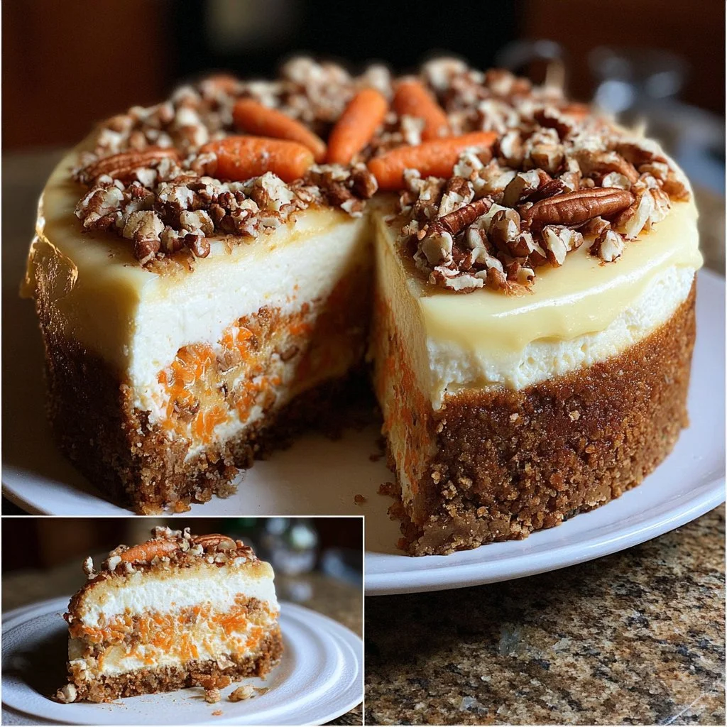 Delicious Carrot Cake Cheesecake topped with cream cheese frosting