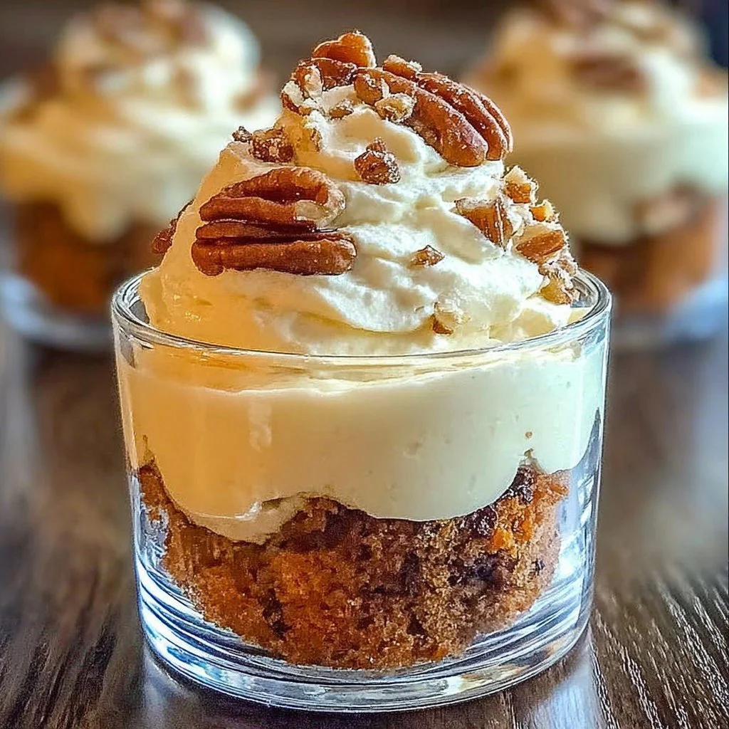 Layered carrot cake trifle with frosting and fresh garnishes