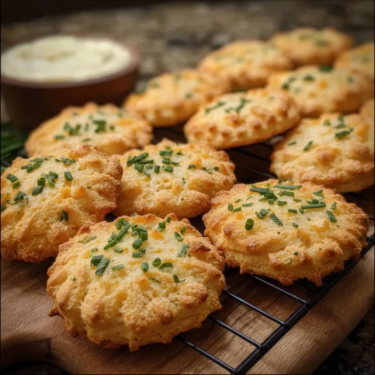 Freshly baked Cheddar Chive Biscuits served on a rustic wooden table