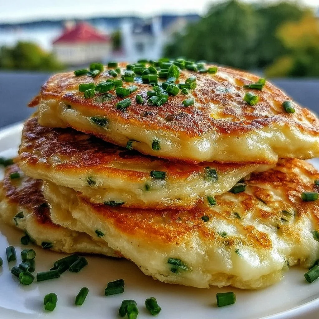 Delicious cheese and chive pancakes served on a plate