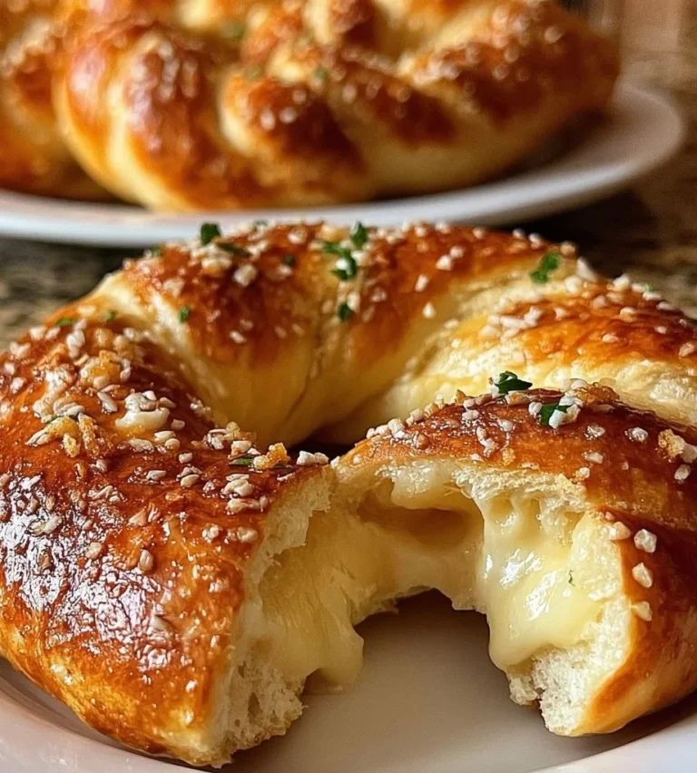 Delicious cheese stuffed pretzel topped with coarse salt on a wooden board