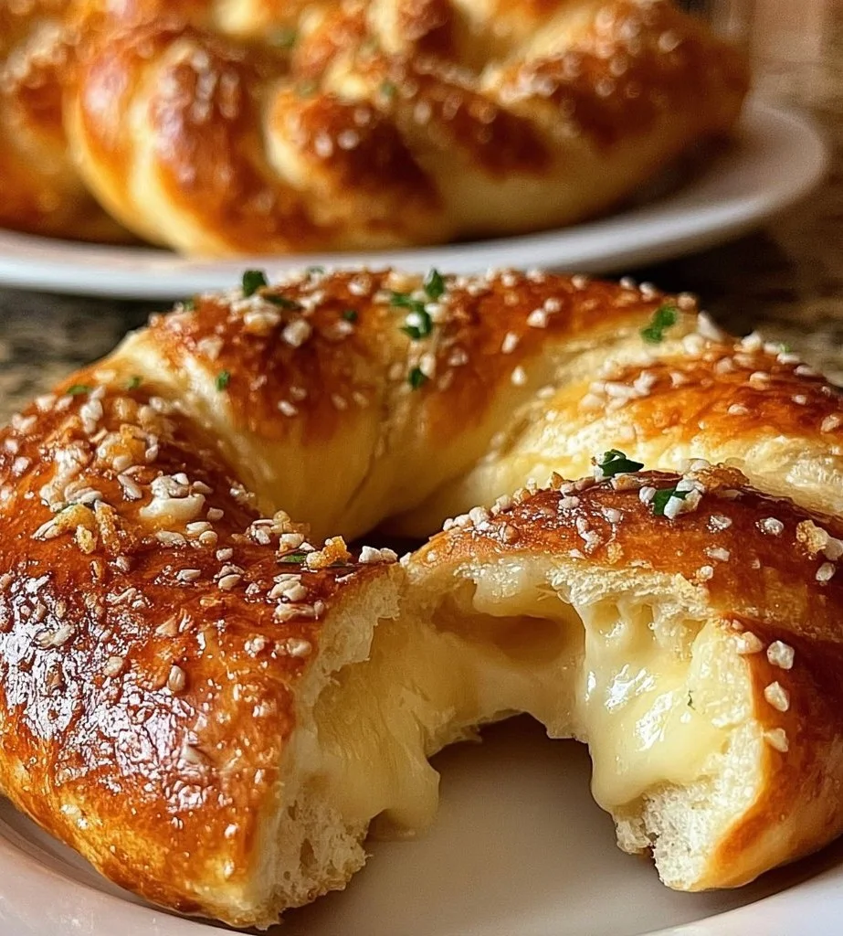 Delicious cheese stuffed pretzel topped with coarse salt on a wooden board