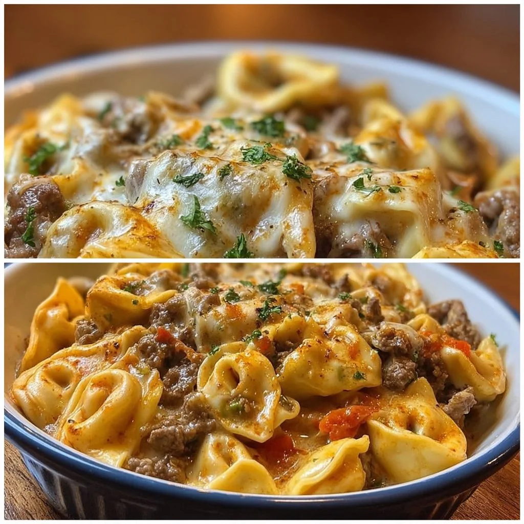 Cheesesteak tortellini served in creamy provolone sauce