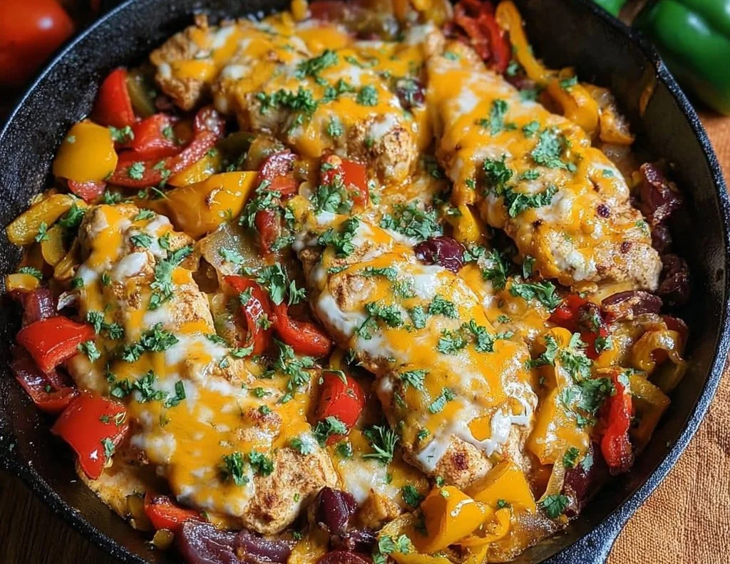 Cheesy Baja Chicken and Bell Pepper Skillet dish in a pan