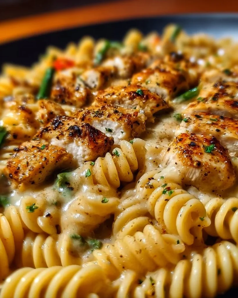 Cheesy Cajun Garlic Chicken Rotini Skillet served in a cozy dining setting