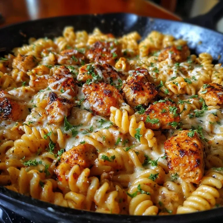 Cheesy Cajun Garlic Chicken Rotini Skillet garnished with fresh herbs