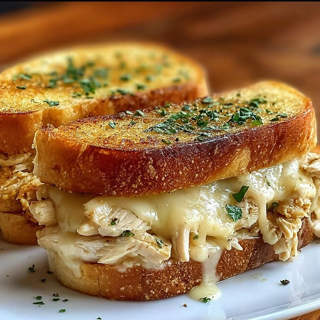 Cheesy chicken garlic bread sandwich with melted cheese and crispy garlic bread.