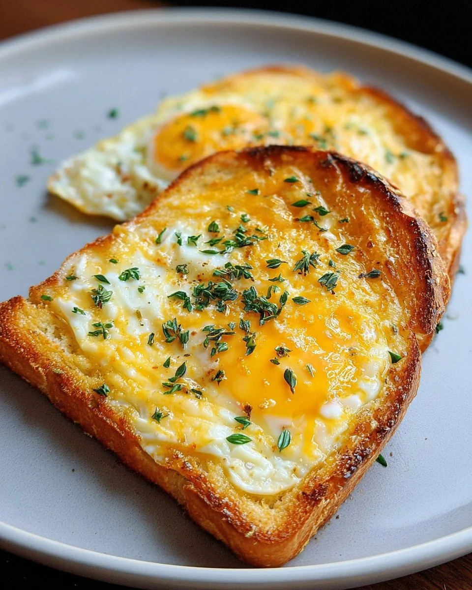 Delicious cheesy egg toast served for breakfast with herbs and spices.