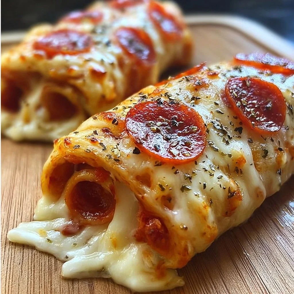Cheesy pepperoni roll-ups served on a plate fresh out of the oven.