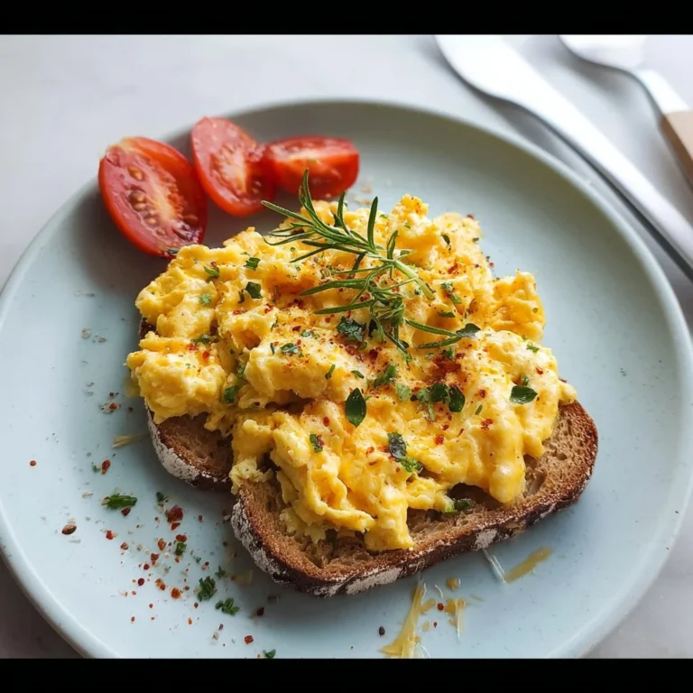 Delicious plate of cheesy scrambled eggs garnished with herbs