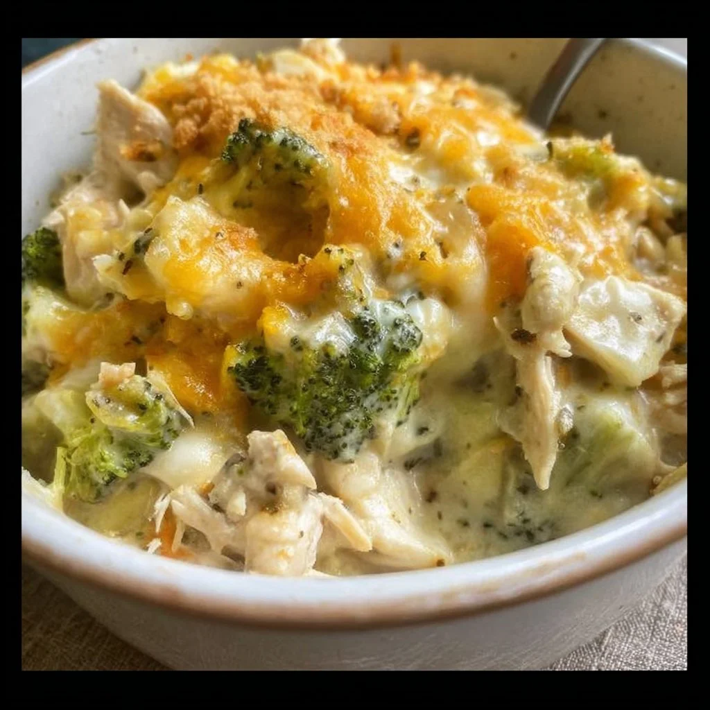 Cheesy turkey and broccoli casserole fresh out of the oven