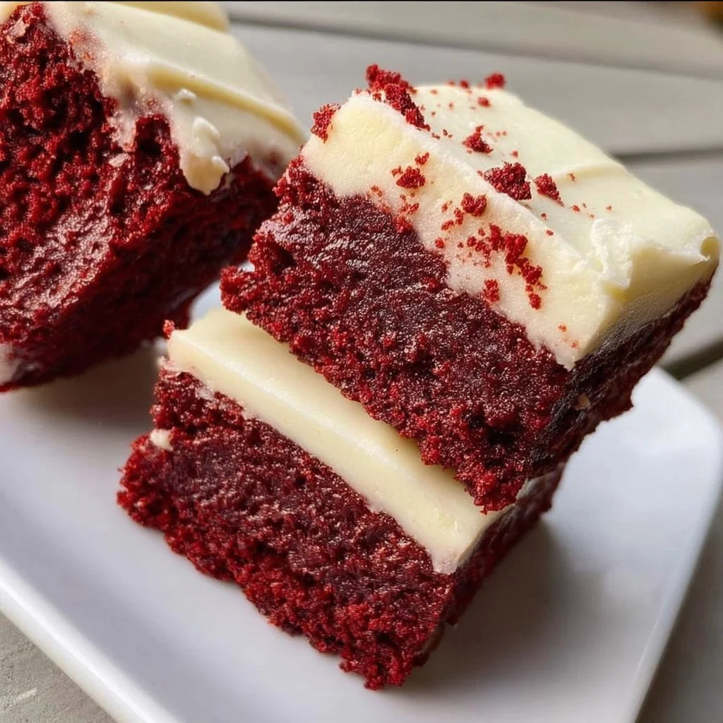 Chewy red velvet brownies with cream cheese frosting on a white plate