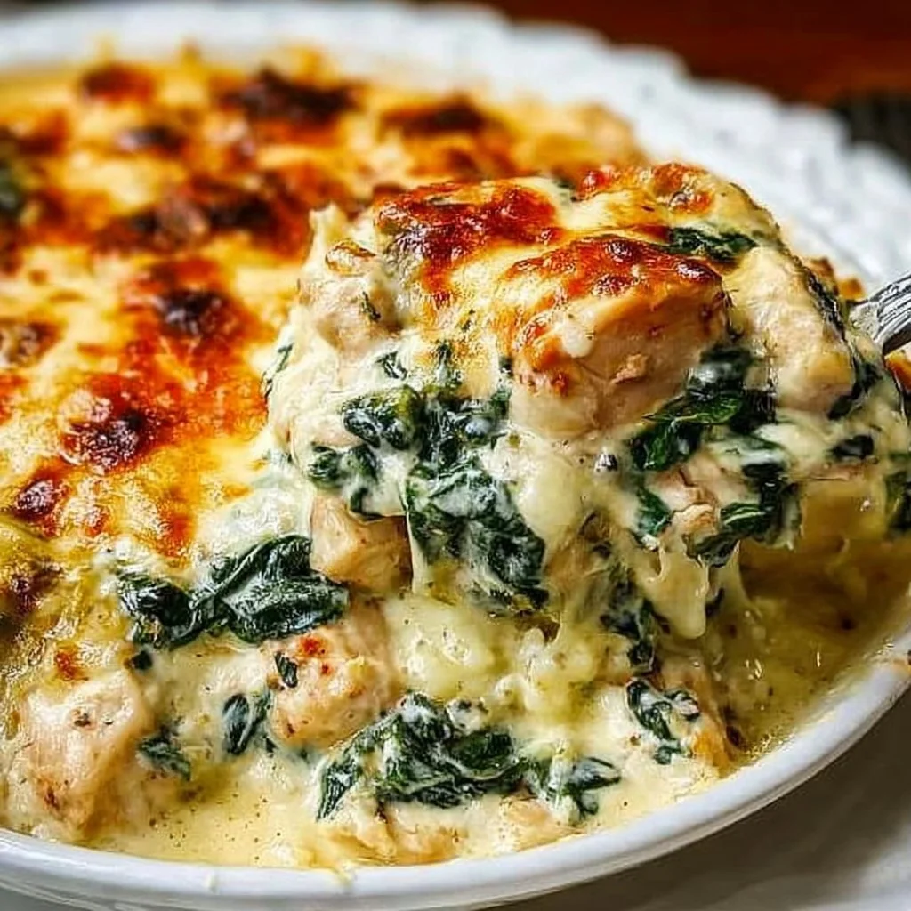 Chicken and spinach casserole topped with cream cheese, a comforting dish