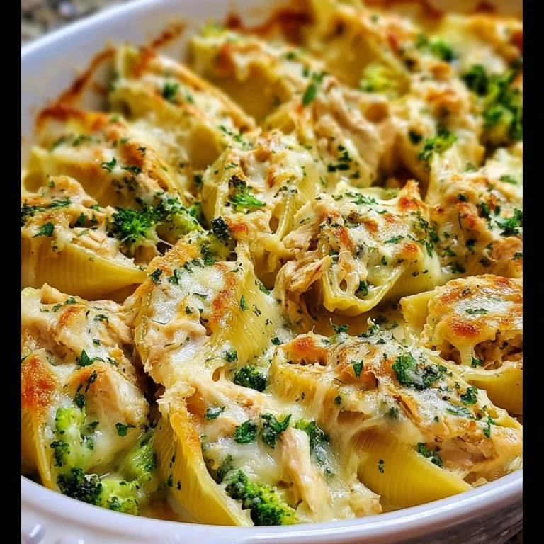 Chicken and Broccoli Alfredo Stuffed Shells topped with cheese and herbs
