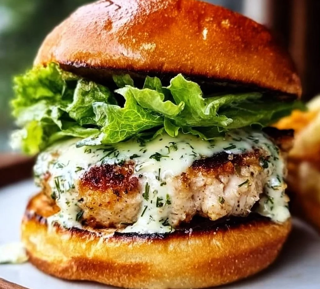Delicious Chicken Caesar Burger topped with fresh ingredients and creamy dressing