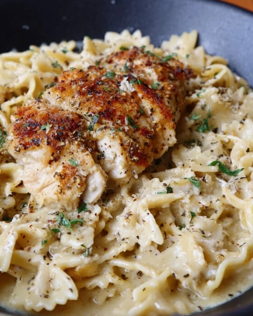 Delicious Chicken Garlic Parmesan Pasta with creamy sauce and garnishes