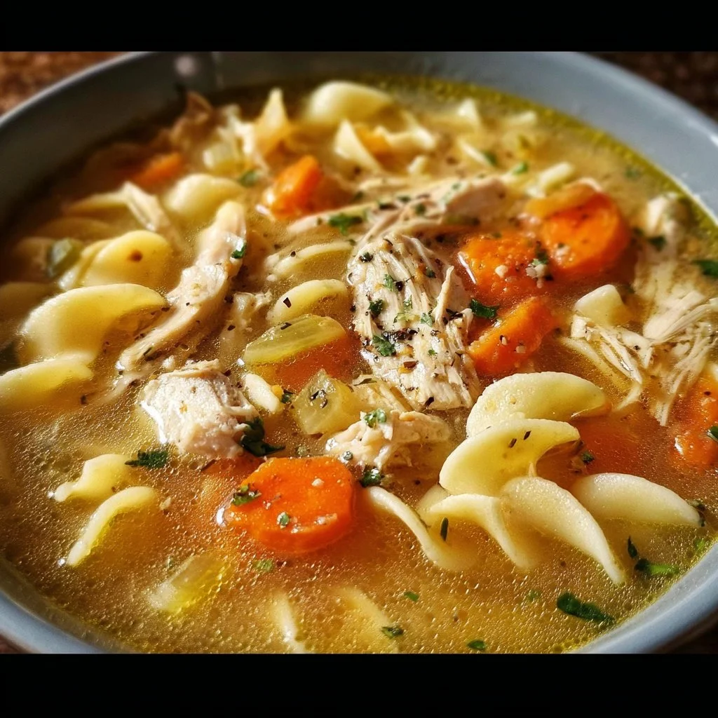 Delicious homemade Chicken Noodle Soup with vegetables and herbs