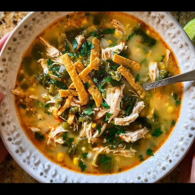A bowl of Chicken Poblano Soup with cilantro and lime garnishes