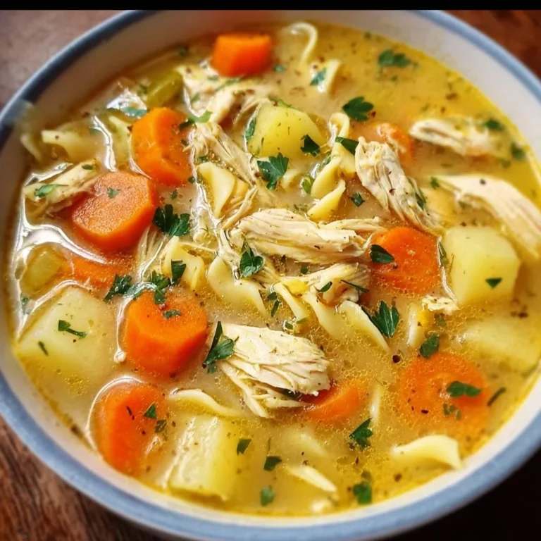 A steaming bowl of homemade chicken soup with vegetables and herbs.