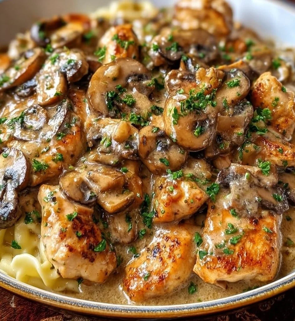 Delicious bowl of Chicken Stroganoff served with noodles and garnished with parsley.
