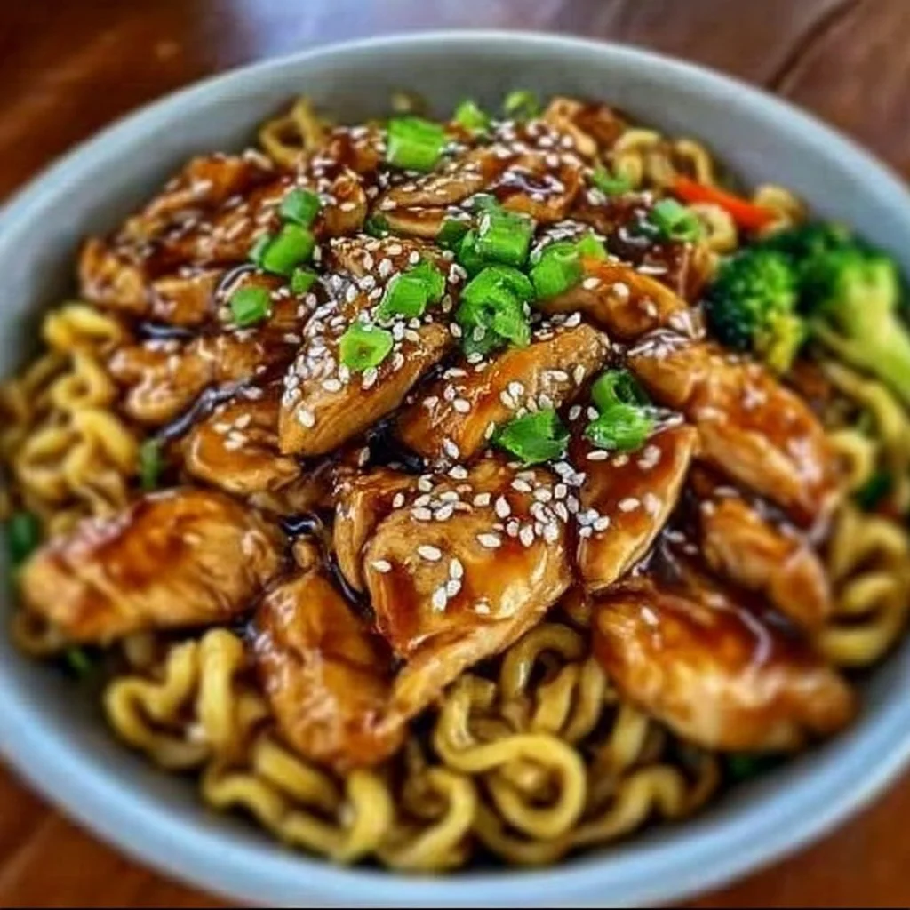 Delicious Chicken Teriyaki Noodles topped with fresh vegetables and sesame seeds