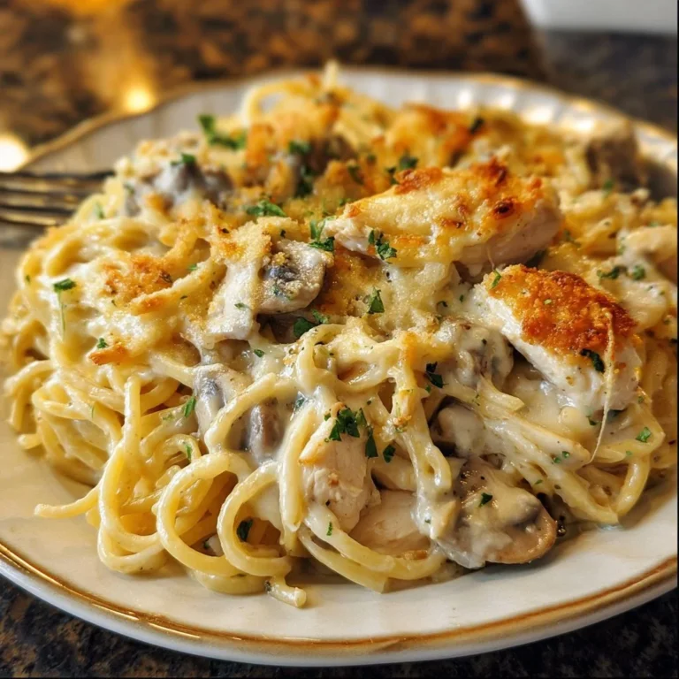 Delicious Chicken Tetrazzini topped with cheese and herbs in a creamy sauce