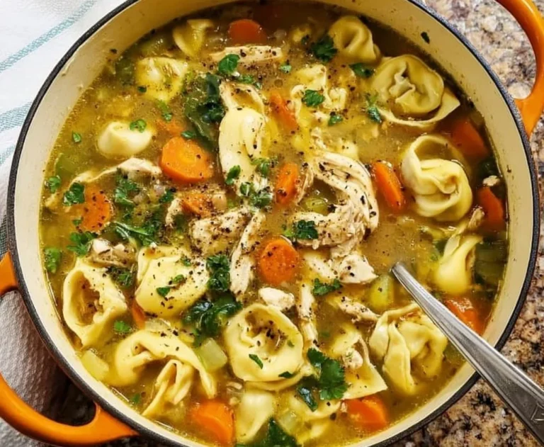 Bowl of Chicken Tortellini Soup with fresh herbs and vegetables