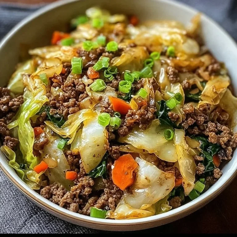 Chinese Ground Beef and Cabbage Stir Fry dish in a skillet