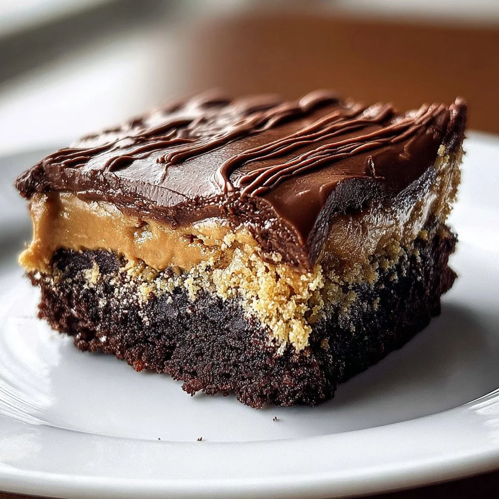 Decadent Chocolate Peanut Butter Ooey Gooey Cake, perfect for dessert lovers.